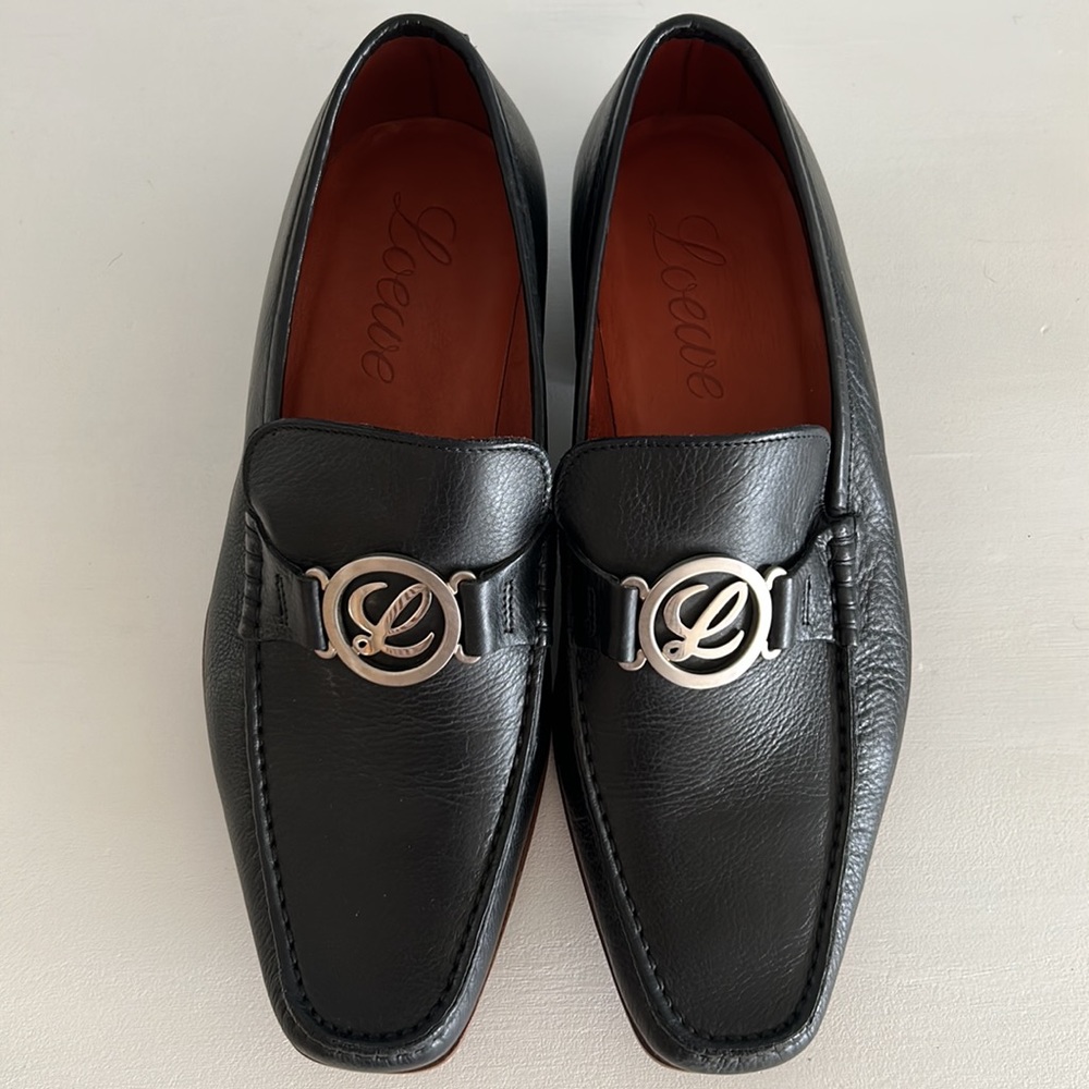 Loewe • Vintage Black Slip On Leather Loafers With Silver L Size 40 / 7 / 10